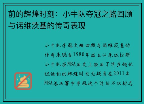 前的辉煌时刻：小牛队夺冠之路回顾与诺维茨基的传奇表现