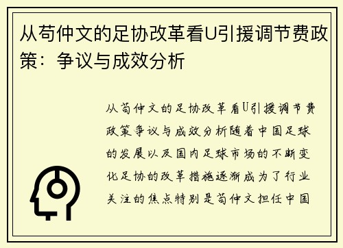 从苟仲文的足协改革看U引援调节费政策：争议与成效分析