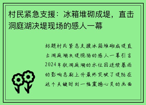 村民紧急支援：冰箱堆砌成堤，直击洞庭湖决堤现场的感人一幕