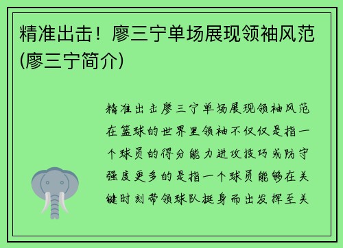 精准出击！廖三宁单场展现领袖风范(廖三宁简介)